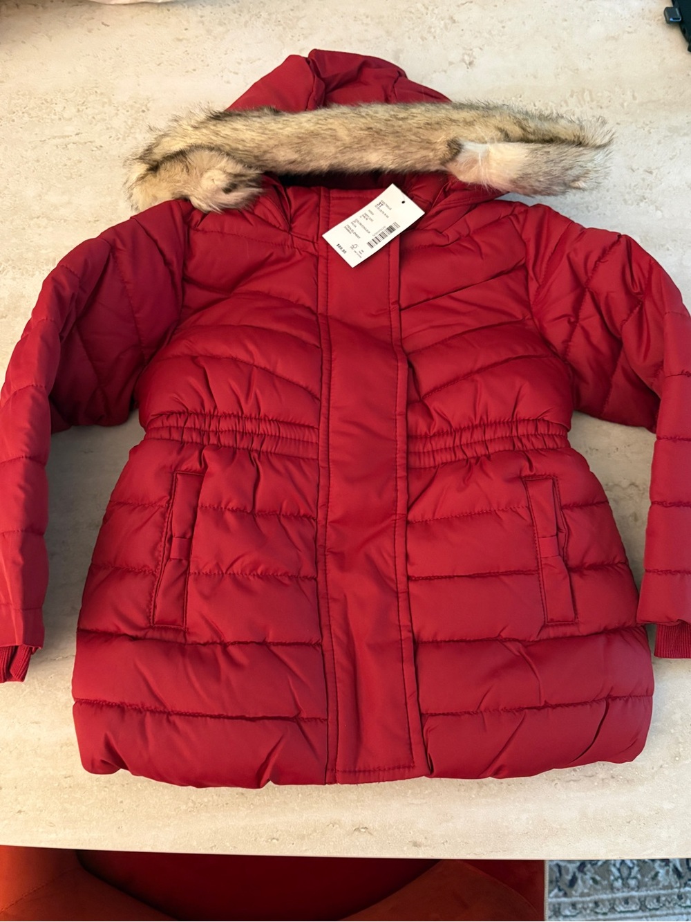 Gymboree Bright Red Quilted Puffer Coat with Faux Fur Hood
